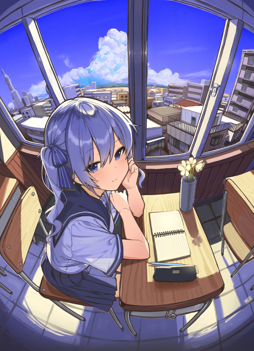 1girl arm_rest bangs blue_bow blue_eyes blue_hair blue_sailor_collar blue_skirt blue_sky blush bow chair city classroom closed_mouth clouds commentary_request day desk eyebrows_visible_through_hair fisheye flower hair_between_eyes hair_bow highres hololive hoshimachi_suisei indoors long_hair looking_at_viewer mechanical_pencil notebook pencil pencil_case plant pleated_skirt potted_plant sailor_collar school_chair school_desk school_uniform serafuku shirokuma_1231 shirt short_sleeves side_ponytail sidelocks sitting skirt sky smile solo star_(symbol) star_in_eye symbol_in_eye virtual_youtuber white_flower white_shirt