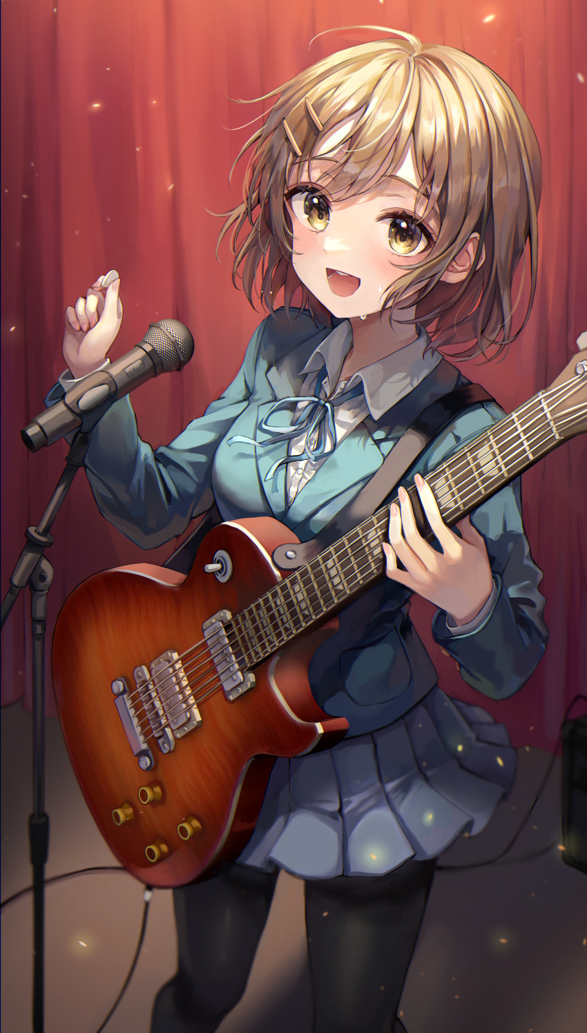 1girl absurdres amplifier_(instrument) bangs black_legwear blazer blue_jacket blue_neckwear blue_ribbon blue_skirt breasts brown_eyes brown_hair cable electric_guitar eyebrows_visible_through_hair guitar hair_ornament hairclip highres hirasawa_yui holding holding_instrument instrument jacket k-on! lime1125 looking_at_viewer microphone microphone_stand neck_ribbon open_mouth pantyhose pleated_skirt plectrum ribbon sakuragaoka_high_school_uniform school_uniform short_hair skirt smile solo stage_curtains strap sweat
