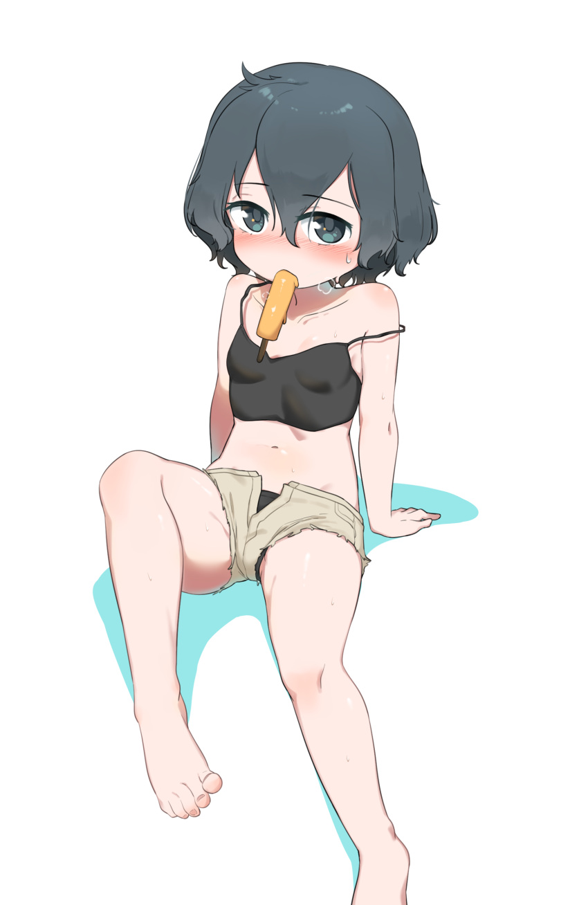 1girl absurdres arm_support bare_legs black_camisole black_eyes black_hair black_panties blush brown_shorts camisole chis_(js60216) collarbone crop_top cutoffs food food_in_mouth highres kaban_(kemono_friends) kemono_friends knee_up off_shoulder panties popsicle shorts sitting solo sweat underwear white_background