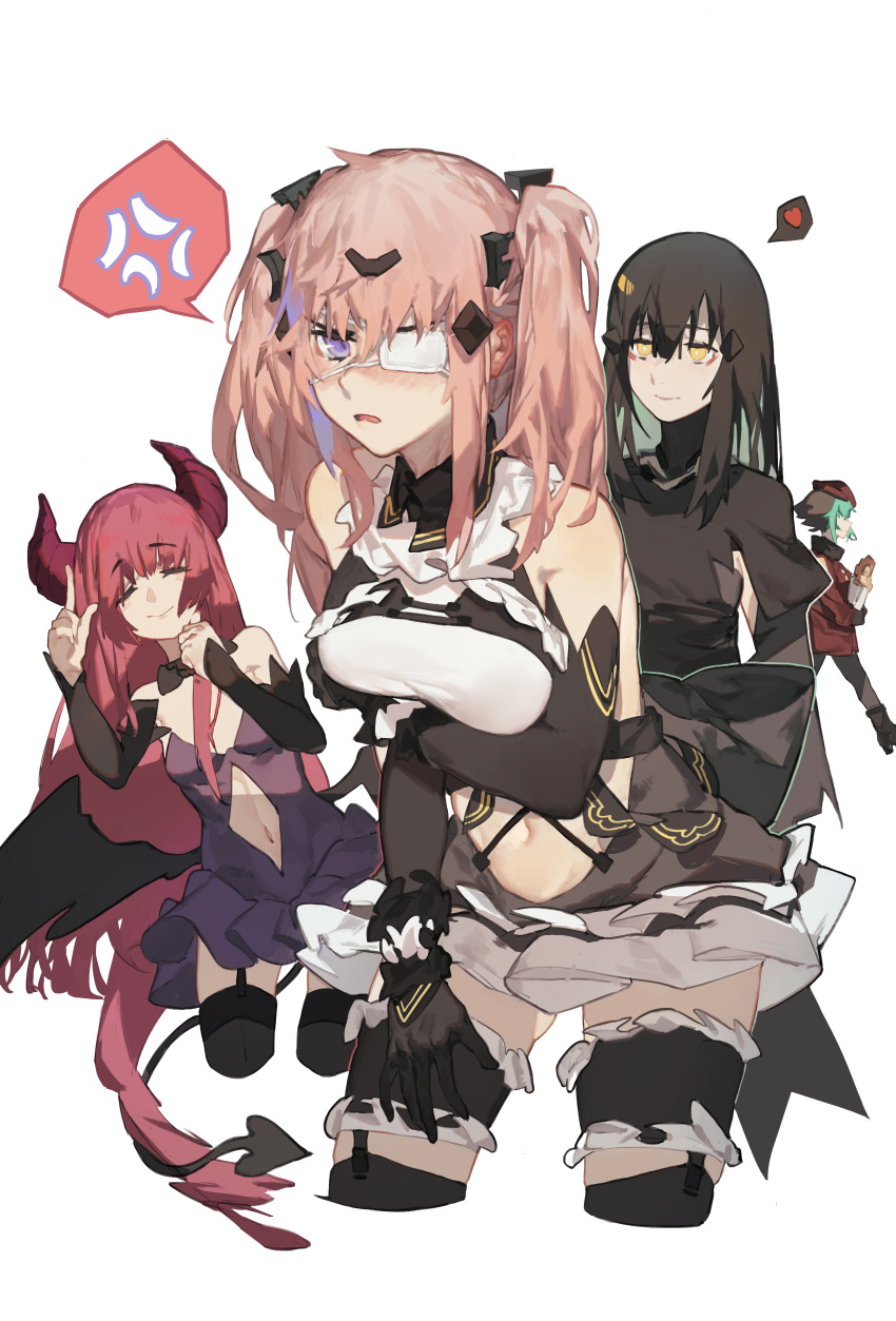 3girls absurdres anger_vein bbsinday black_gloves black_hair black_legwear blush breasts closed_eyes closed_mouth cropped_legs crossover dandelion_(girls_frontline) demon_girl demon_horns demon_tail detached_sleeves dress eyebrows_visible_through_hair eyepatch girls_frontline gloves hair_between_eyes hair_ornament hanazono_yurine heart highres horns jashin-chan_dropkick long_hair medium_breasts multicolored_hair multiple_girls navel open_mouth pink_hair purple_hair redhead simple_background small_breasts smile spoken_anger_vein spoken_heart st_ar-15_(girls_frontline) streaked_hair tail thigh-highs twintails violet_eyes white_background yellow_eyes