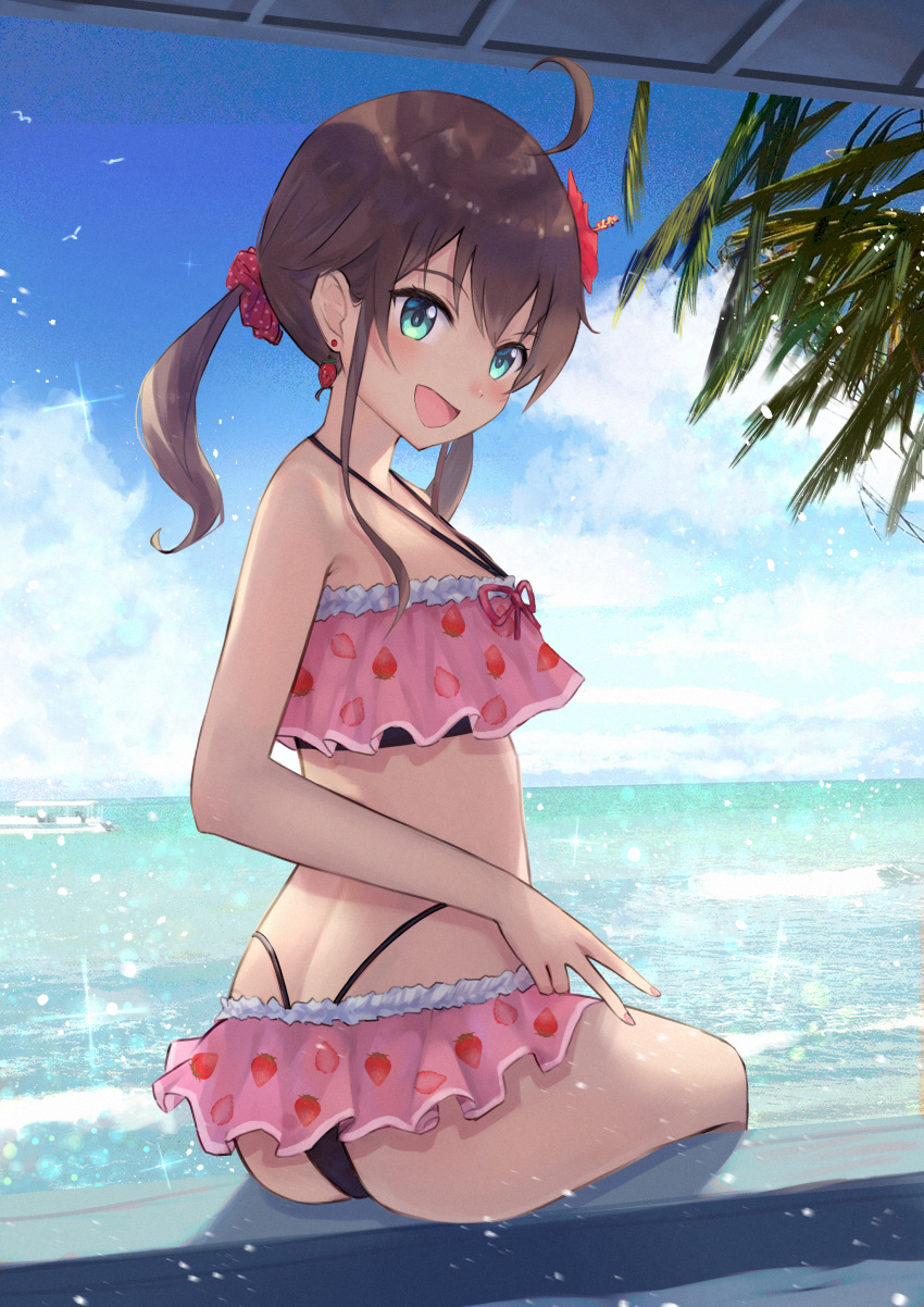 1girl :d absurdres ahoge aqua_eyes ass bangs bare_shoulders bikini bikini_skirt blue_sky blush breasts brown_hair commentary_request day earrings eyebrows_visible_through_hair flower food food-themed_earrings food_print frilled_bikini frills from_behind hair_between_eyes hair_flower hair_ornament hair_scrunchie hibiscus highres hololive jewelry long_hair looking_at_viewer nail_polish natsuiro_matsuri ocean open_mouth outdoors pink_bikini pink_nails polka_dot polka_dot_scrunchie ponytail red_flower scrunchie sky small_breasts smile solo strawberry_earrings strawberry_print swimsuit tree unmoving_pattern virtual_youtuber water xyunx