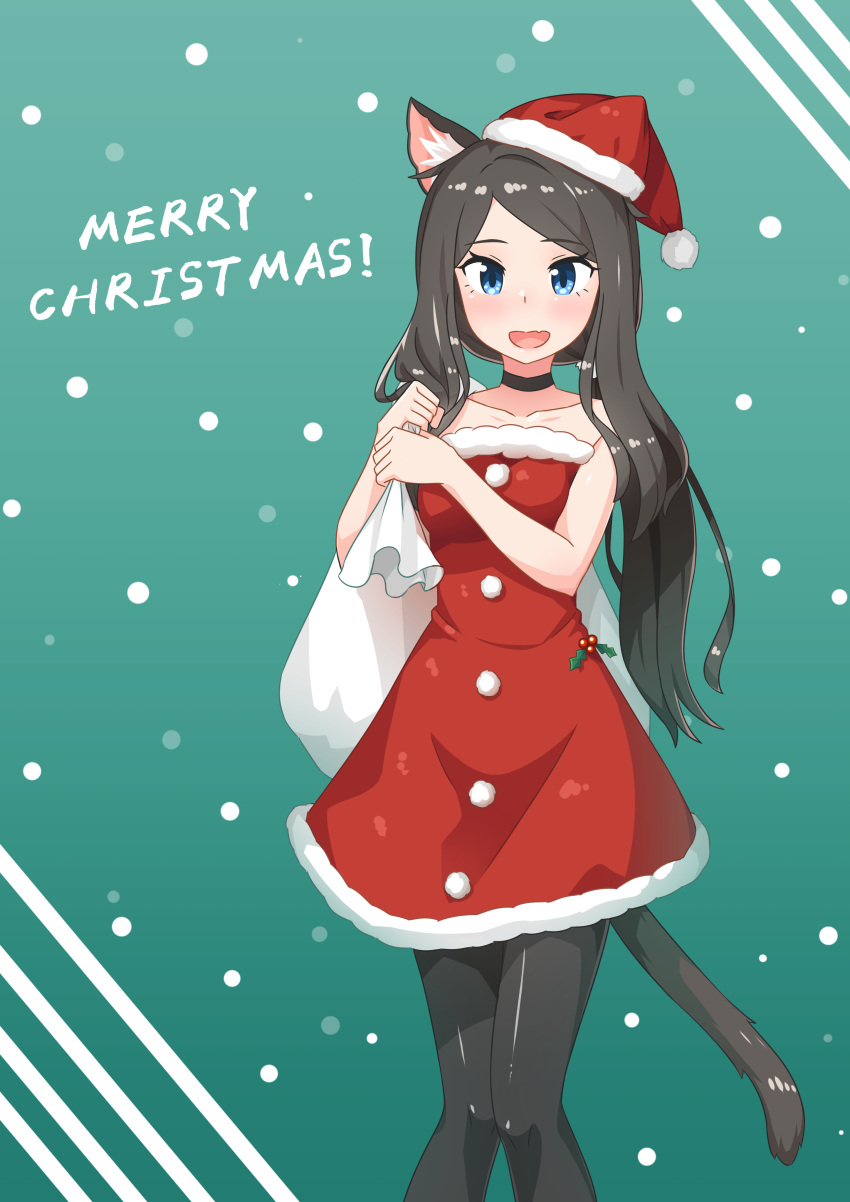 1girl :d absurdres animal_ear_fluff animal_ears black_legwear blue_eyes brown_hair cat_ears cat_tail christmas dress fur-trimmed_headwear hat highres holding holding_sack long_hair looking_at_viewer merry_christmas nekoze_(s22834712) open_mouth original pantyhose red_dress red_headwear sack santa_hat smile snowing solo standing strapless strapless_dress tail tu_ya_(nekoze)