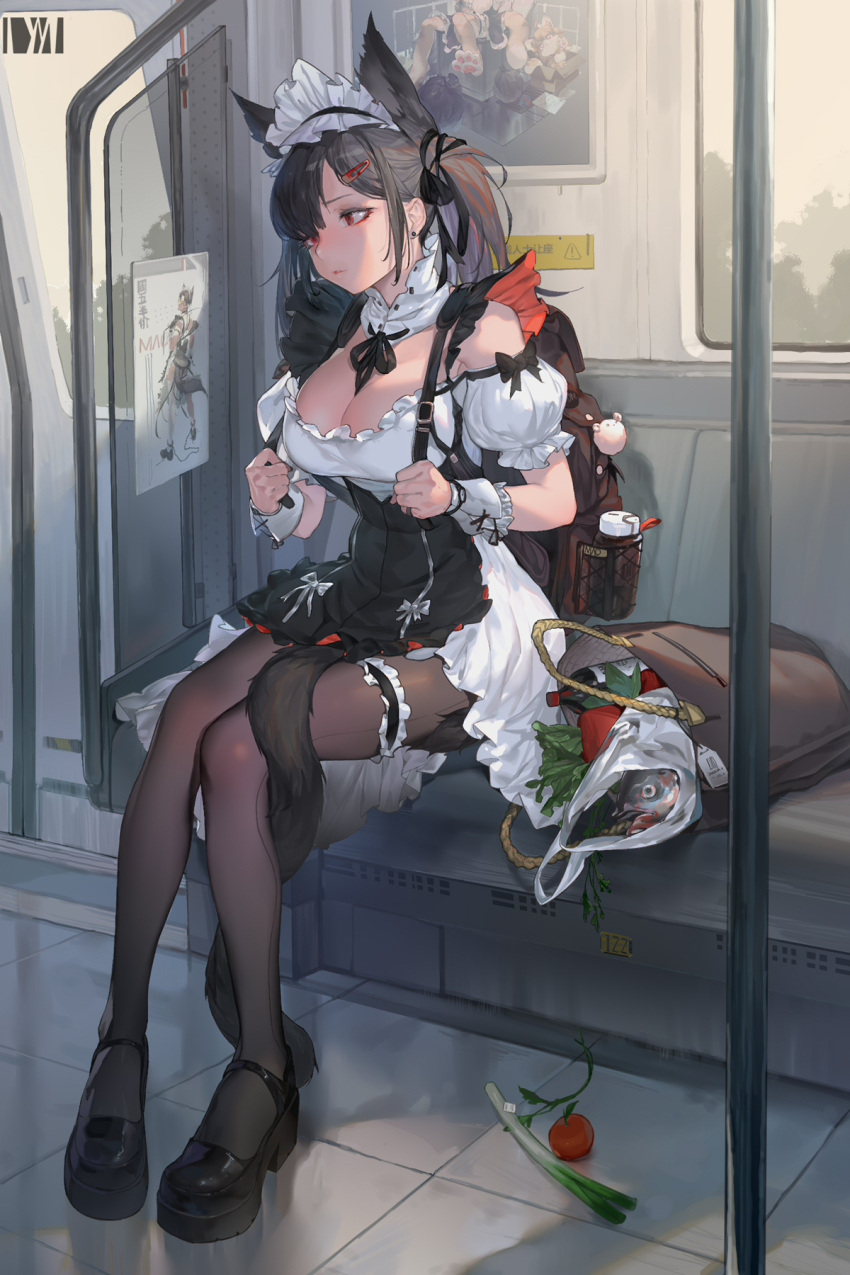 1girl animal_ears apron backpack bag bangs black_apron black_footwear black_hair black_ribbon breasts brown_legwear chinese_commentary chinese_text commentary_request detached_collar dm_(dai_miao) dress fish food frilled_hairband frills full_body hair_ornament hair_ribbon hairband hairclip highres holding_strap large_breasts leg_garter long_hair looking_away neck_ribbon off-shoulder_dress off_shoulder original pantyhose puffy_short_sleeves puffy_sleeves red_eyes ribbon short_sleeves sitting solo tail_around_leg tomato train_interior translation_request twintails white_dress