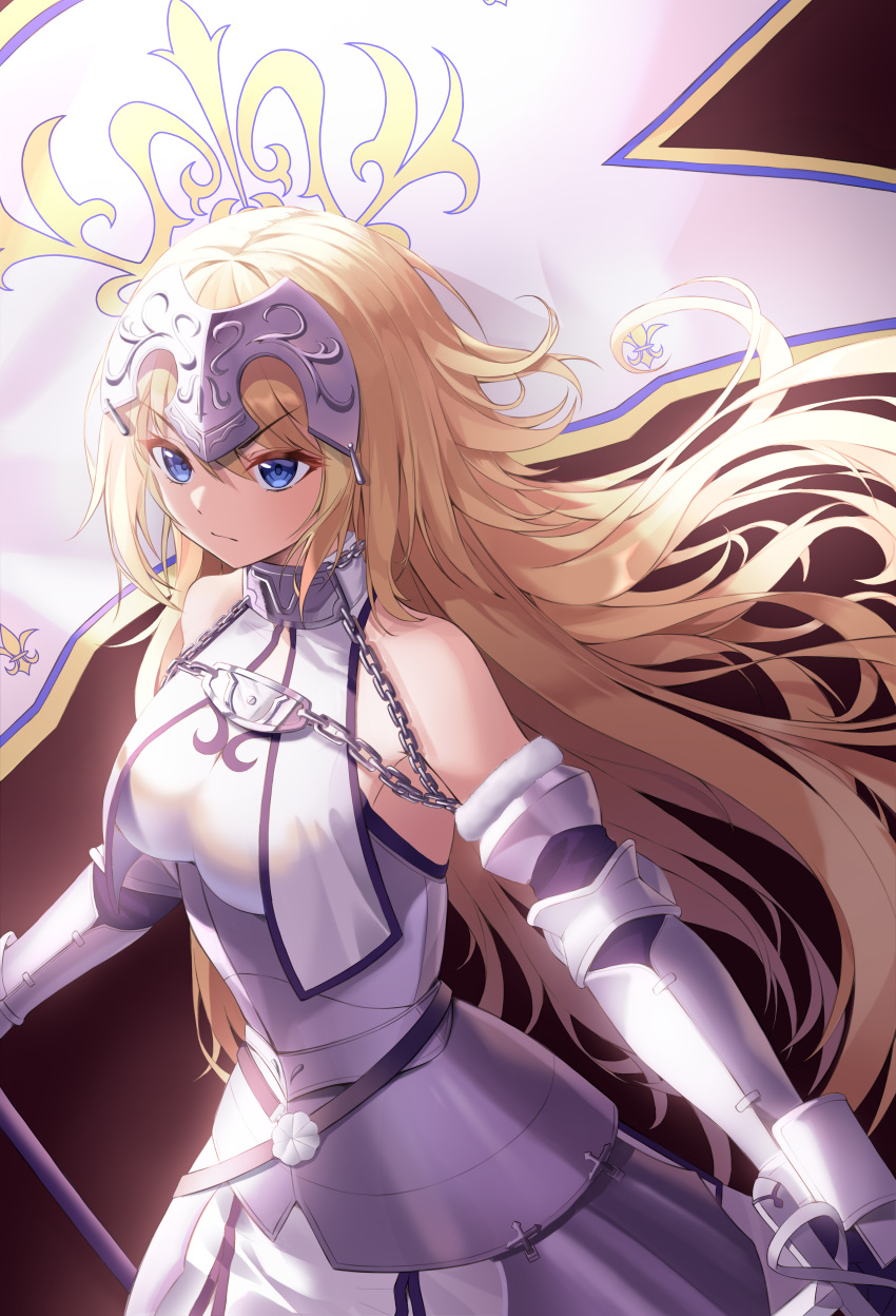 1girl absurdres armor armored_dress bangs bare_shoulders blonde_hair blue_eyes breasts chain closed_mouth eyebrows_visible_through_hair fate/apocrypha fate/grand_order fate_(series) faulds flag from_above gauntlets headpiece highres holding holding_flag jeanne_d'arc_(fate) jeanne_d'arc_(fate)_(all) large_breasts long_hair looking_ahead mad_rabbit plackart solo v-shaped_eyebrows very_long_hair