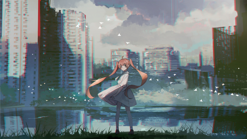 1girl absurdres axleaki bird building clouds dress flock grass highres looking_at_viewer looking_back original reflection ruins scenery sky skyscraper solo standing twintails water