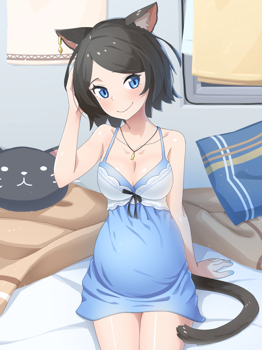 1girl absurdres animal_ear_fluff animal_ears bare_arms bare_shoulders blue_dress blue_eyes blue_nails breasts brown_hair cat_ears cat_tail closed_mouth dress fingernails hand_to_head head_tilt highres jewelry large_breasts looking_at_viewer nail_polish necklace nekoze_(s22834712) original pregnant sitting sleeveless sleeveless_dress smile solo tail tu_ya_(nekoze)