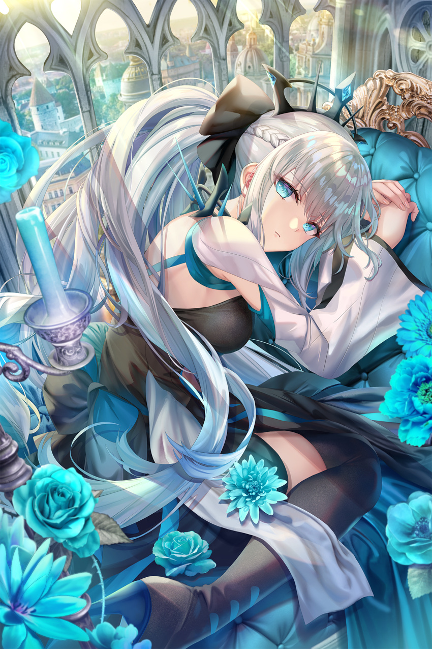 1girl bangs black_bow black_dress black_footwear blue_eyes boots bow braid breasts candle castle center_opening dress fate/grand_order fate_(series) flower french_braid grey_hair hair_bow high_heel_boots high_heels highres large_breasts long_hair long_sleeves looking_at_viewer lying morgan_le_fay_(fate) pelvic_curtain ponytail sidelocks spikes thigh-highs thigh_boots thighs tiara torino_akua two-tone_dress very_long_hair white_dress wide_sleeves