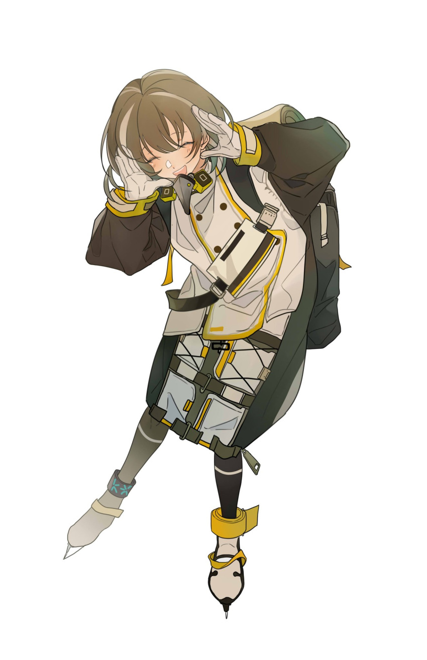 1girl ankleband arknights backpack bag black_bag black_legwear black_sleeves blush brown_hair closed_eyes coat full_body gloves happy highres infection_monitor_(arknights) latutou1 magallan_(arknights) multicolored_hair open_mouth short_hair simple_background skates solo standing streaked_hair teeth white_background white_coat white_footwear white_gloves white_hair