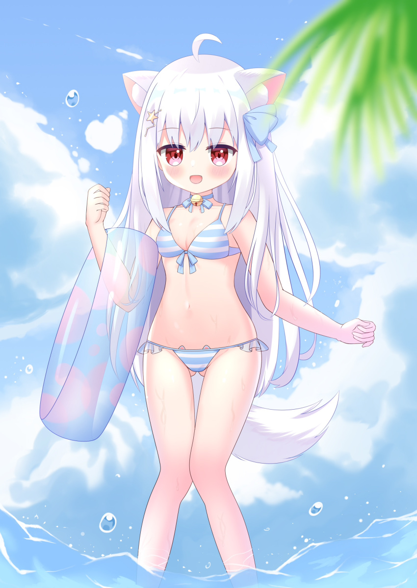 1girl :d absurdres ahoge animal_ear_fluff animal_ears ass_visible_through_thighs bangs bare_arms bare_shoulders bell bikini blue_bow blue_choker blue_sky blurry blurry_foreground blush bow choker clouds cloudy_sky commentary_request day depth_of_field dog_ears dog_girl dog_tail eyebrows_visible_through_hair fang hair_bow hair_ornament hairclip heart highres innertube jingle_bell knees_together_feet_apart liang_feng_qui_ye long_hair looking_at_viewer navel neck_bell open_mouth original outdoors palm_tree red_eyes silver_hair sky smack smile solo standing star_(symbol) star_hair_ornament striped striped_bikini swimsuit tail thigh_gap transparent tree very_long_hair water water_drop