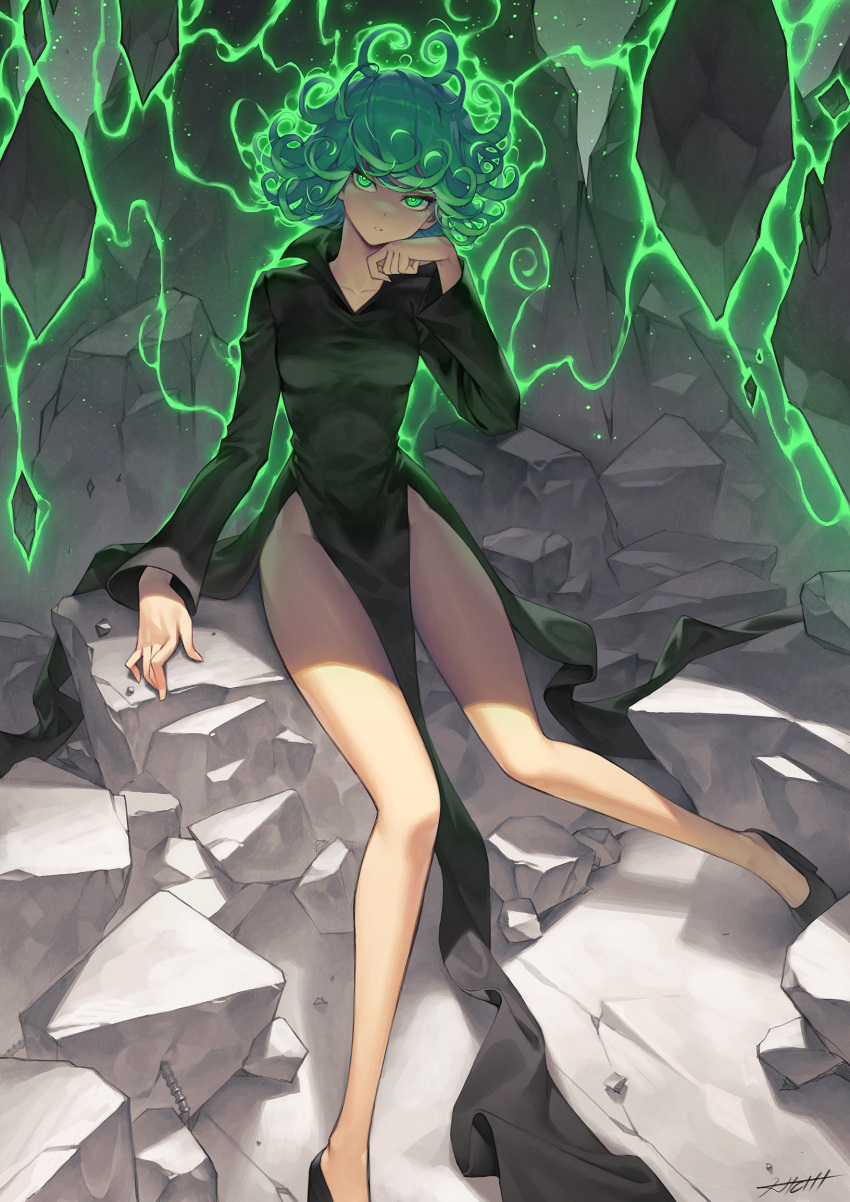 1girl absurdres black_dress black_footwear breasts collared_dress commentary_request curly_hair dress floating_rock full_body glowing glowing_eyes green_eyes green_hair hichi highres knees_together_feet_apart long_dress long_legs one-punch_man pelvic_curtain pumps short_hair side_slit sitting small_breasts solo tatsumaki telekinesis thighs