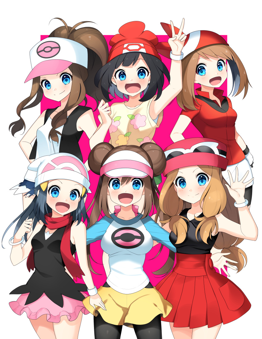 6+girls :d absurdres antenna_hair arm_up armpits bike_shorts black_hair black_jacket black_legwear black_shirt black_shorts blue_eyes blue_sleeves bracelet breasts brown_hair closed_mouth collarbone cowboy_shot hikari_(pokemon) double_bun eyewear_on_headwear gloves hair_ornament hat high-waist_skirt high_ponytail highres hilda_(pokemon) jacket jewelry legwear_under_shorts long_hair long_sleeves looking_at_viewer may_(pokemon) medium_breasts miniskirt multiple_girls open_clothes open_jacket open_mouth outstretched_arms pantyhose pink_skirt pleated_skirt poke_ball_print pokemon pokemon_(game) pokemon_bw pokemon_bw2 pokemon_dppt pokemon_rse pokemon_sm pokemon_xy print_headwear print_shirt red_background red_bandana red_headwear red_jacket red_scarf red_skirt rosa_(pokemon) scarf serena_(pokemon) shiny shiny_hair shirt short_hair short_shorts short_sleeves shorts shorts_under_skirt skirt sleeveless sleeveless_jacket sleeveless_shirt smile standing sun_(pokemon) sunglasses twintails two-tone_background very_long_hair waving white-framed_eyewear white_background white_gloves white_headwear white_shirt white_skirt yellow_shirt yellow_shorts yuihico