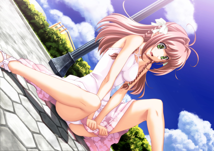 1girl ahoge blue_sky bou bow braid breasts brown_hair clouds collarbone criss-cross_halter day dress dress_tug dutch_angle embarrassed eyebrows_visible_through_hair game_cg green_eyes hair_bow hair_intakes halterneck hibiscus_print highres long_hair medium_breasts muvluv muvluv_altered_fable official_art open_mouth outdoors panties print_dress shiny shiny_hair short_dress sitting sky sleeveless sleeveless_dress solo sundress suzumiya_haruka tears underwear very_long_hair white_bow white_dress white_panties