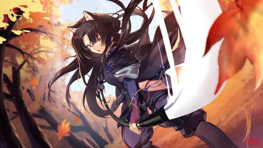 1girl animal_ears arknights autumn autumn_leaves bangs coat dog_ears dog_girl fingerless_gloves gloves hair_between_eyes highres holding holding_weapon incoming_attack japanese_clothes leaf long_hair looking_at_viewer maple_leaf naginata open_mouth orange_eyes pants polearm saga_(arknights) shimotsuki_shio solo standing tree weapon