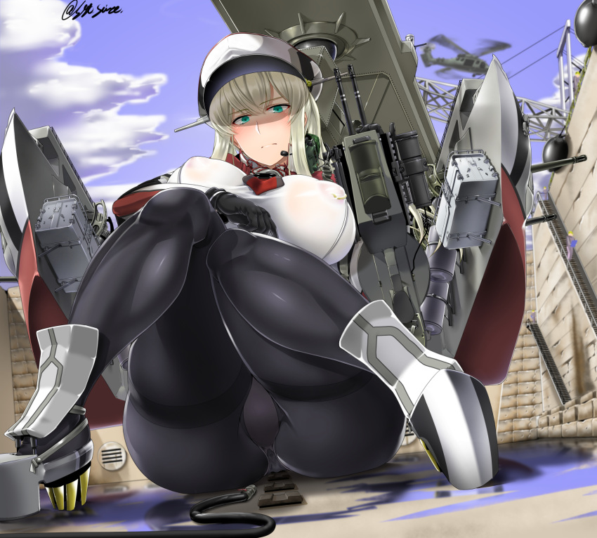 1girl aircraft aqua_eyes bangs black_gloves black_legwear blue_sky boots closed_mouth clouds cloudy_sky commentary_request covered_nipples day drydock dutch_angle frown giant giantess gloves graf_zeppelin_(kancolle) grey_hair hat headset helicopter highres impossible_clothes impossible_shirt jacket kantai_collection legs long_hair long_sleeves looking_at_viewer motion_blur outdoors panties panties_under_pantyhose pantyhose peaked_cap red_jacket rigging saizu_nitou_gunsou shirt sitting sky solo thighband_pantyhose twitter_username underwear water white_footwear white_headwear white_shirt