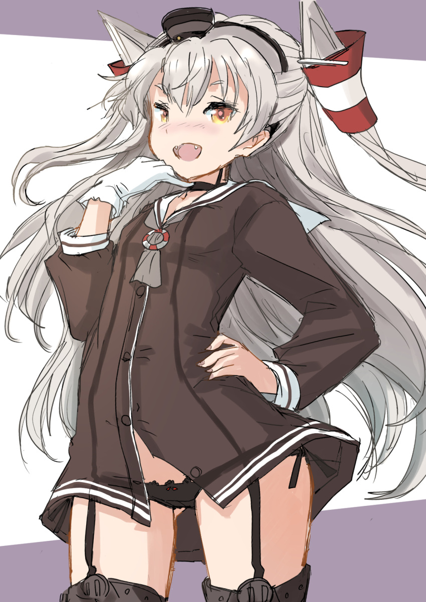 1girl amatsukaze_(kancolle) black_panties brown_dress commentary_request cowboy_shot dress flat_chest fuji_(pixiv24804665) garter_straps gloves grey_neckwear hair_tubes hand_on_hip hat highres kantai_collection lifebuoy lifebuoy_ornament long_hair mini_hat neckerchief panties sailor_collar sailor_dress short_dress side-tie_panties silver_hair single_glove smile smokestack_hair_ornament solo thigh-highs two_side_up underwear white_gloves white_sailor_collar windsock