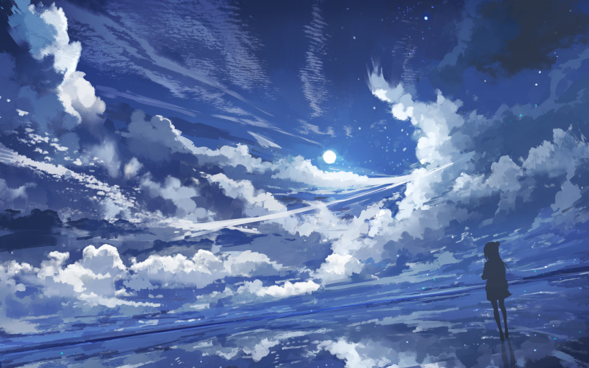 1girl axleaki chinese_commentary clouds commentary dreaming highres horizon light long_hair original reflection revision scenery silhouette skirt sky solo standing star_(sky) starry_sky summer water