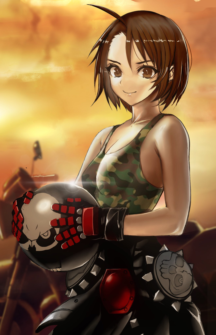 1girl ahoge biker_clothes black_gloves black_jacket blurry blurry_background breasts brown_eyes camouflage camouflage_tank_top clothes_around_waist commentary_request dusk gloves ground_vehicle headwear_removed helmet helmet_removed highres holding holding_helmet jacket jacket_around_waist kazama_akira leather leather_jacket lens_flare looking_at_viewer motor_vehicle motorcycle motorcycle_helmet orange_sky red_gloves rival_schools rokuba short_hair sky small_breasts smile solo sparkle standing street_fighter street_fighter_v tank_top two-tone_gloves