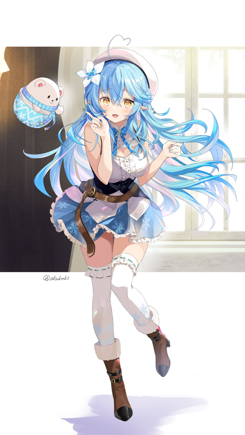 1girl :d absurdres ahoge bangs bare_arms belt beret blue_hair blue_nails blue_skirt blush boots braid breasts brown_belt brown_footwear center_frills commentary_request corset daifuku_(yukihana_lamy) elf eyebrows_visible_through_hair flower frilled_shirt frilled_skirt frills full_body hair_between_eyes hair_flower hair_ornament hat heart_ahoge high_heel_boots high_heels highres hololive index_finger_raised large_breasts long_hair looking_at_viewer nail_polish open_mouth pointy_ears print_skirt ribbon-trimmed_legwear ribbon_trim rokcha shirt skirt sleeveless sleeveless_shirt smile snowflake_print standing standing_on_one_leg thigh-highs twitter_username virtual_youtuber white_flower white_headwear white_legwear white_shirt window yellow_eyes yukihana_lamy zettai_ryouiki