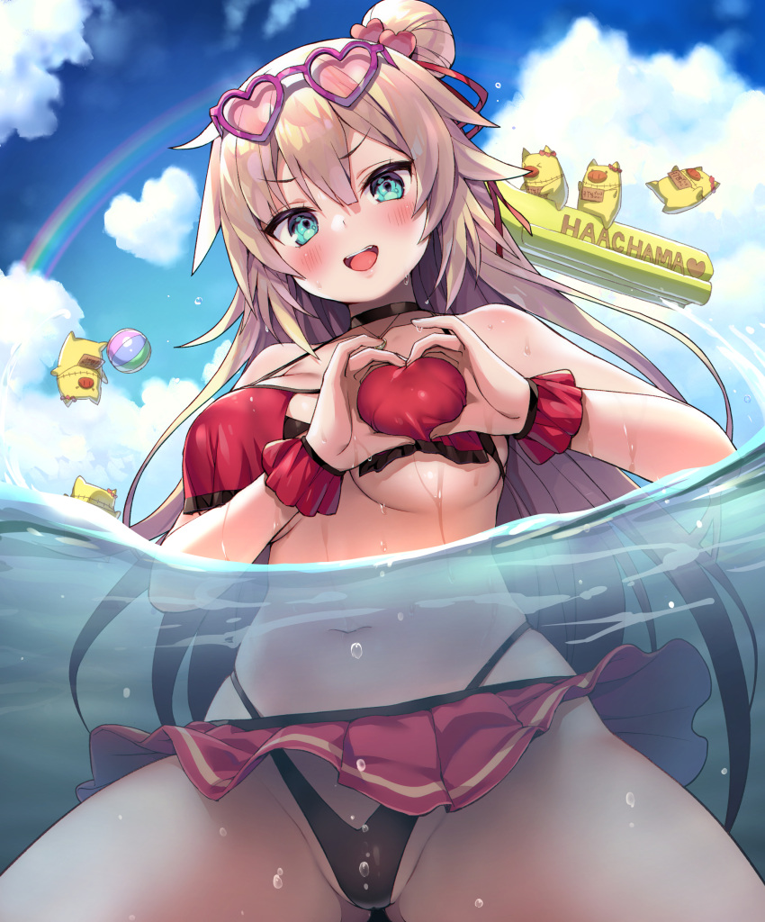 1girl :o absurdres akai_haato ass_visible_through_thighs ayaoshiro ball bare_shoulders beachball bikini bikini_bottom bikini_top blonde_hair blue_eyes breasts cloudsend day eyebrows_visible_through_hair frilled_skirt frills green_hair haaton_(akai_haato) hair_bun hand_on_own_chest heart heart_hands highres hololive long_hair medium_hair navel ocean_bottom open_mouth rainbow skirt sunglasses swimsuit thigh-highs thighs virtual_youtuber water