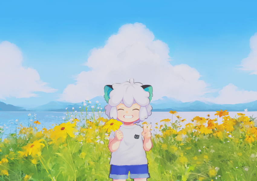 1boy animal_ears blue_shorts cat_boy cat_ears chap502 closed_eyes clouds cowboy_shot day flower highres holding holding_flower luoxiaohei medium_hair mountain outdoors plant shirt short_sleeves shorts solo the_legend_of_luo_xiaohei v white_flower white_hair white_shirt yellow_flower