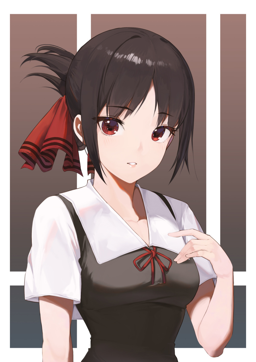 1girl absurdres bangs black_dress black_hair blush breasts brown_background collarbone cynd dress eyebrows_visible_through_hair folded_ponytail hair_ribbon hand_on_own_chest highres kaguya-sama_wa_kokurasetai_~tensai-tachi_no_renai_zunousen~ looking_at_viewer medium_breasts neck_ribbon parted_bangs parted_lips purple_background red_eyes red_ribbon ribbon shinomiya_kaguya shiny shiny_hair short_sleeves sidelocks solo summer_uniform symbol-only_commentary teeth upper_body white_background