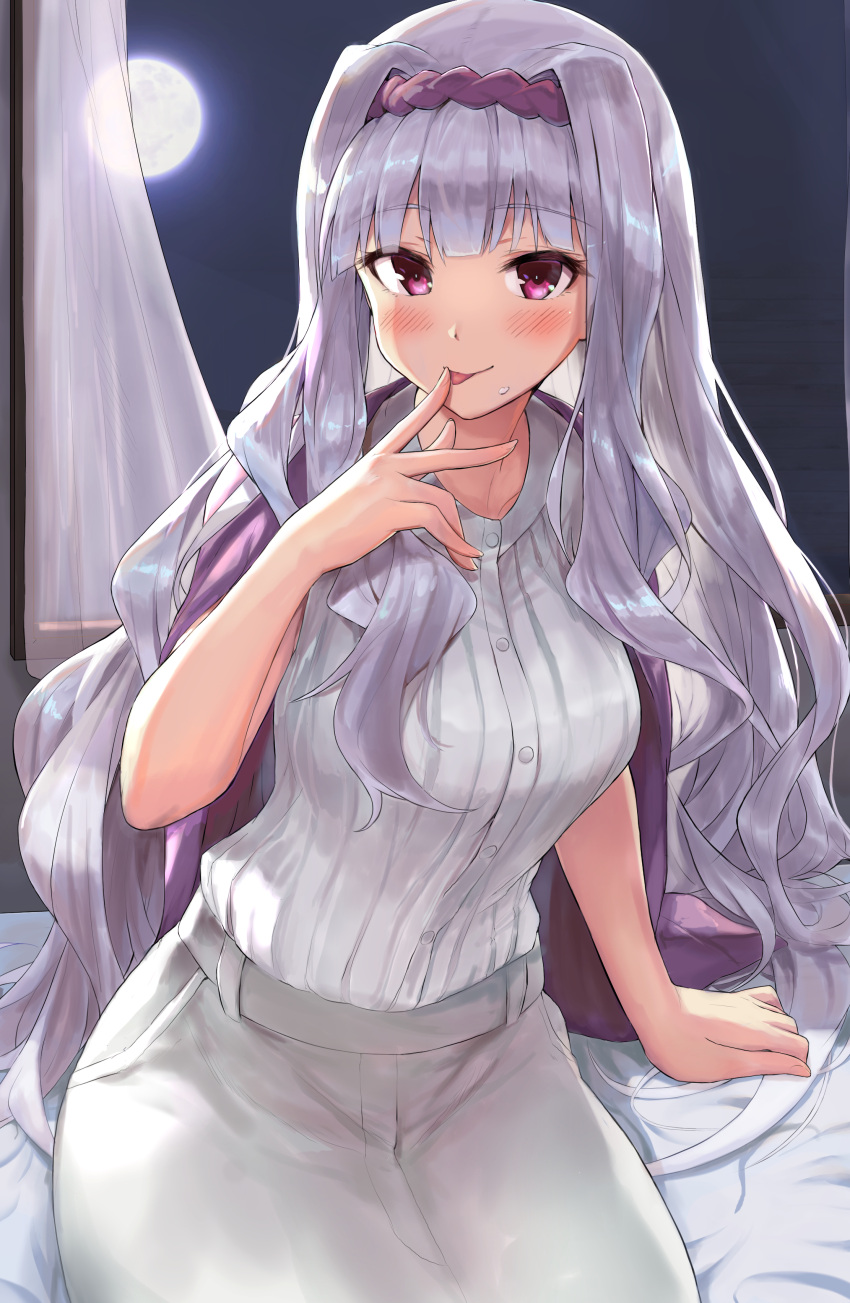 1girl :p absurdres breasts curtains full_moon hairband highres idolmaster idolmaster_million_live! idolmaster_million_live!_theater_days licking licking_finger long_hair medium_breasts moon purple_hairband shawl shijou_takane shuucream_(syuichi) silver_hair solo tongue tongue_out violet_eyes window