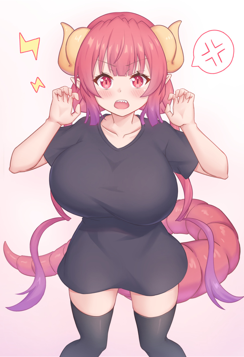 1girl anger_vein blush breasts commentary_request dragon_girl dragon_horns dragon_tail gesture highres horns huge_breasts ilulu_(maidragon) kobayashi-san_chi_no_maidragon long_hair looking_at_viewer multicolored_hair open_mouth oppai_loli pink_hair purple_hair sharp_teeth slit_pupils solo tail teeth twintails two-tone_hair yue_zi