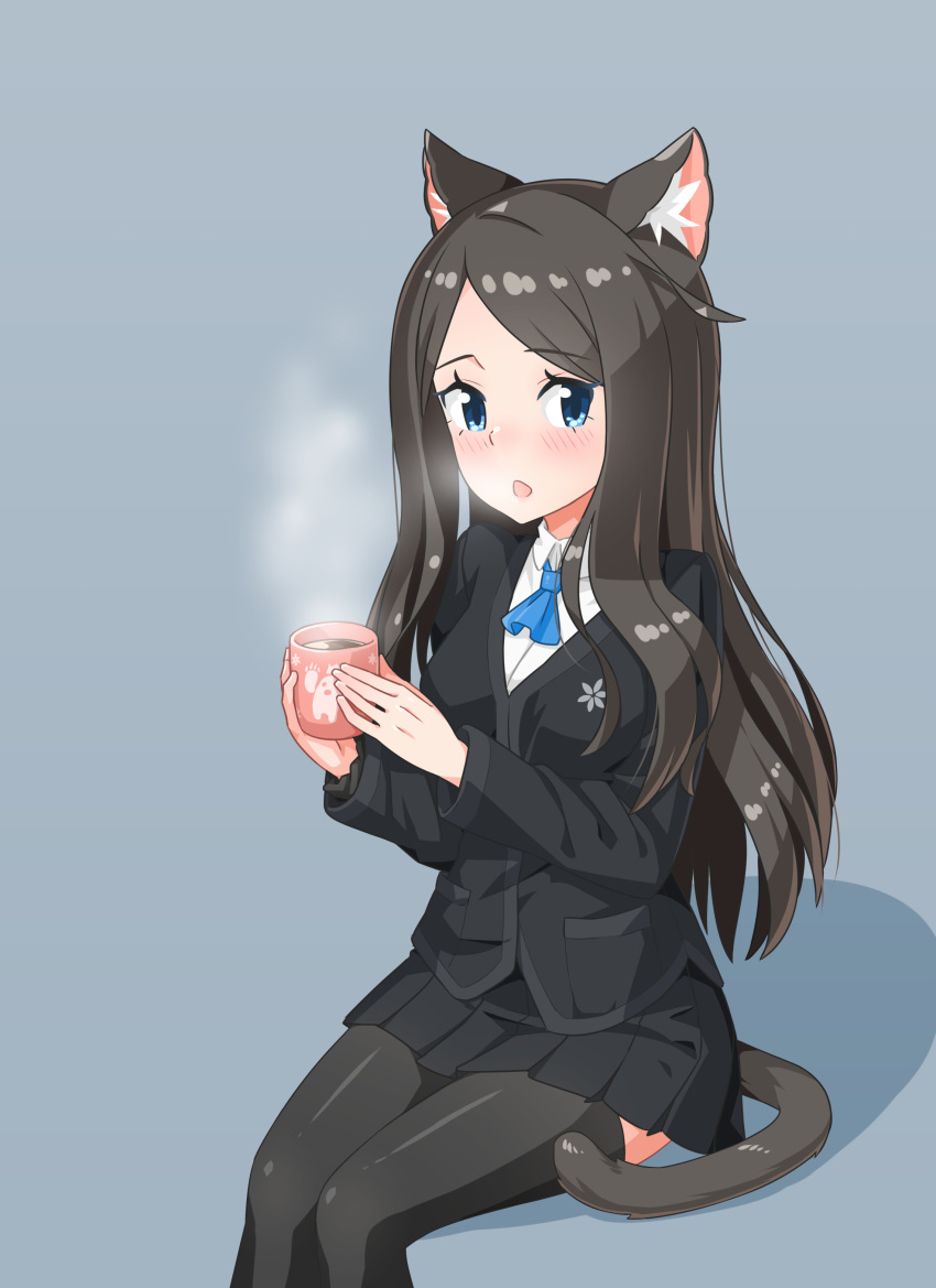 1girl absurdres animal_ear_fluff animal_ears ascot black_jacket blue_eyes blue_neckwear blush brown_hair cat_ears cat_tail collared_shirt cup grey_background grey_legwear highres holding holding_cup jacket long_hair long_sleeves looking_at_viewer miniskirt nekoze_(s22834712) open_mouth original pleated_skirt shirt simple_background sitting skirt solo steam tail thigh-highs tu_ya_(nekoze) white_shirt wing_collar