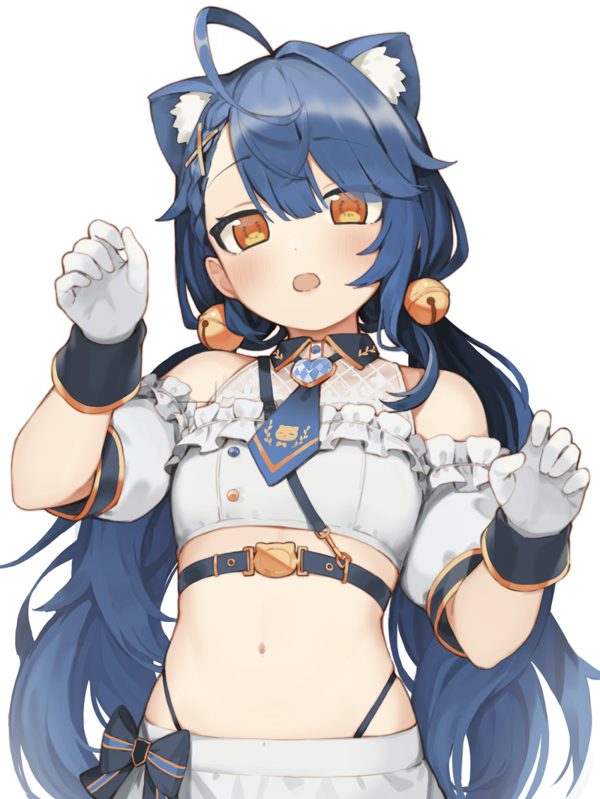 1girl ahoge amamiya_kokoro animal_ear_fluff animal_ears bangs bare_shoulders bell blue_hair blue_neckwear blush braid breasts brown_eyes cat_ears collared_shirt commentary_request crop_top detached_sleeves eyebrows_visible_through_hair gloves hair_bell hair_between_eyes hair_ornament hairclip hands_up head_tilt highres jingle_bell kemonomimi_mode long_hair low_twintails midriff navel nijisanji open_mouth puffy_short_sleeves puffy_sleeves seramikku shirt short_sleeves simple_background single_hair_intake sleeveless sleeveless_shirt small_breasts solo twintails very_long_hair virtual_youtuber white_background white_gloves white_shirt white_sleeves x_hair_ornament
