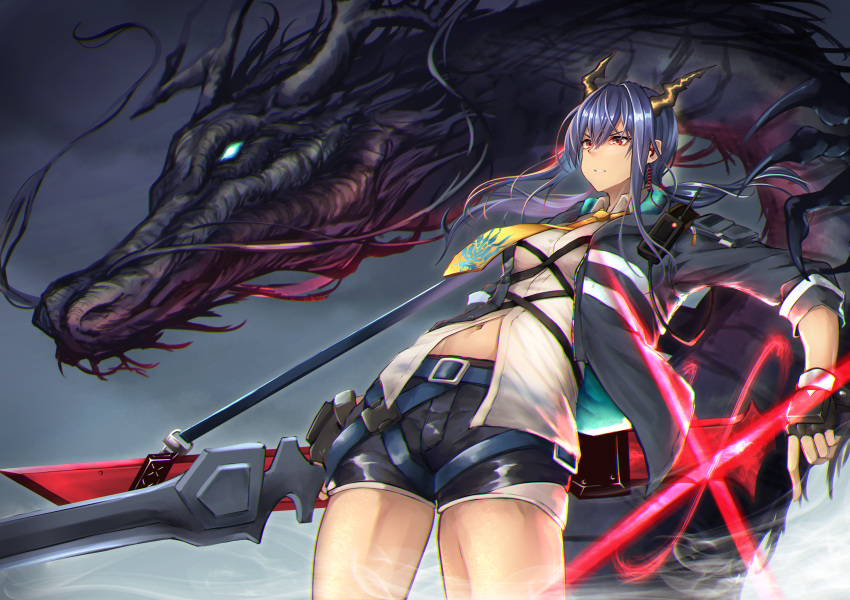 1girl absurdres arknights bangs belt black_gloves black_shorts blue_belt blue_hair blue_jacket breasts ch'en_(arknights) collared_shirt commentary cowboy_shot dragon dragon_girl dragon_horns earpiece eyebrows_visible_through_hair fingerless_gloves glint gloves groin hair_between_eyes highres holding holding_sword holding_weapon horns huge_filesize jacket kuromu long_hair long_sleeves low_twintails medium_hair navel necktie open_clothes open_jacket parted_lips partially_unbuttoned red_eyes sheath shirt short_shorts shorts sidelocks small_breasts solo standing sword twintails unsheathing walkie-talkie weapon white_shirt yellow_neckwear