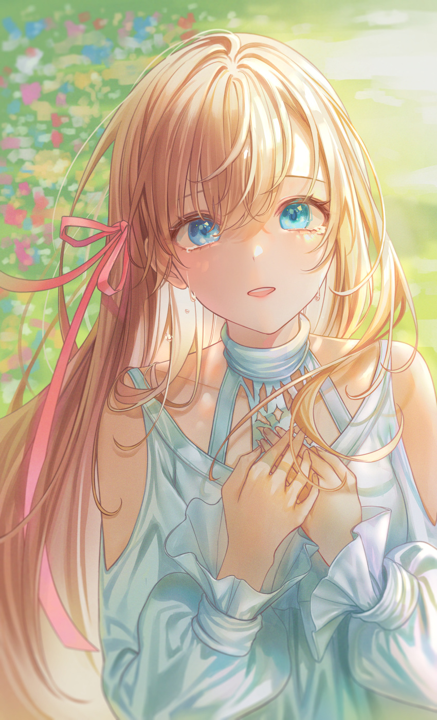 1girl absurdres bangs blonde_hair blue_eyes commentary crying dress final_fantasy final_fantasy_xiv grass hair_ribbon hands_on_own_chest highres hyur lium long_hair long_sleeves looking_at_viewer meadow open_mouth outdoors pink_ribbon ribbon ryne solo tears upper_body white_dress
