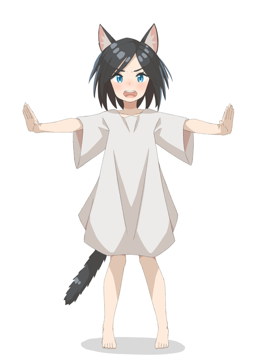 1girl absurdres animal_ears barefoot black_hair blue_eyes cat_ears cat_tail full_body highres looking_at_viewer medium_hair naked_shirt nekoze_(s22834712) open_mouth original outstretched_arms oversized_clothes oversized_shirt pigeon-toed shirt simple_background solo spread_arms tail white_background wide_sleeves