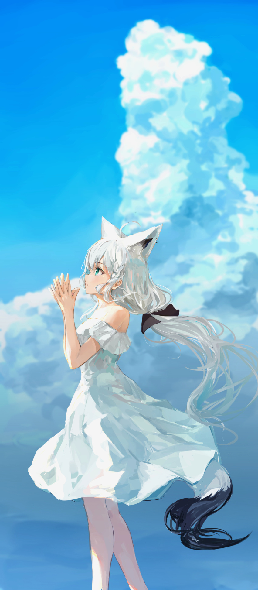 1girl absurdres animal_ear_fluff animal_ears bangs black_ribbon blue_eyes braid clouds day dress feet_out_of_frame fox_ears fox_girl fox_tail from_side hair_ribbon hands_together highres hololive ichika_(ichika87) long_hair looking_up outdoors ribbon shirakami_fubuki side_braid silver_hair sky solo standing sundress tail white_dress