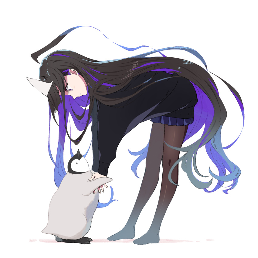 1girl animal bent_over bird black_hair black_sweater blue_skirt brown_legwear closed_mouth from_side full_body highres long_sleeves looking_away looking_down multicolored_hair no_shoes original pantyhose penguin pleated_skirt profile puffy_long_sleeves puffy_sleeves purple_hair shadow skirt sleeves_past_wrists smile solo sweater tama_(tama-s) triangular_headpiece two-tone_hair violet_eyes white_background white_headwear yurako-san_(tama)