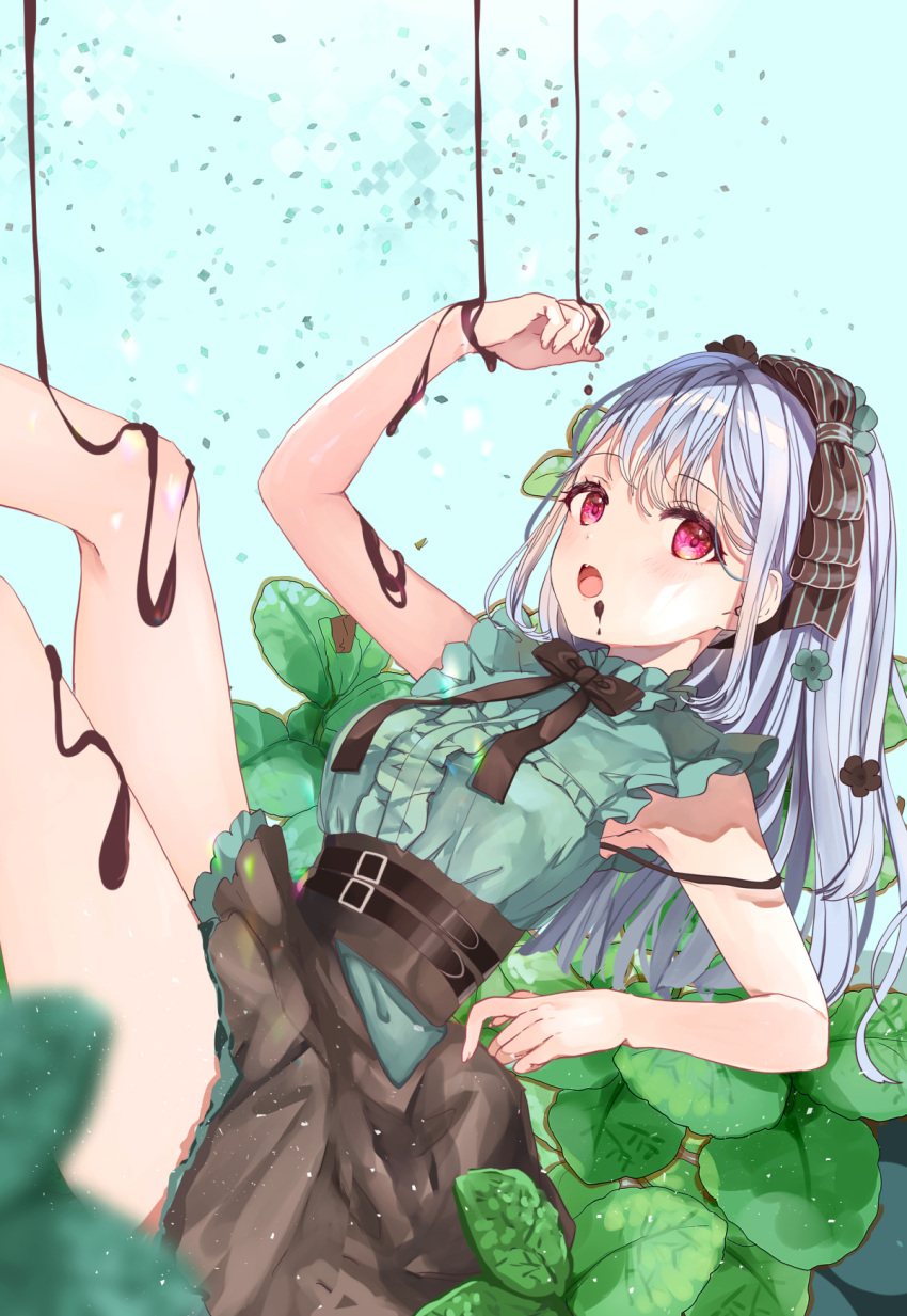 1girl bangs bare_arms bow breasts brown_bow brown_skirt center_frills chocolate chocolate_on_body commentary_request eyebrows_visible_through_hair feet_out_of_frame food_on_body frills green_shirt hair_bow high-waist_skirt highres legs_up long_hair looking_at_viewer medium_breasts open_mouth original puracotte shirt silver_hair skirt sleeveless sleeveless_shirt solo striped striped_bow very_long_hair violet_eyes