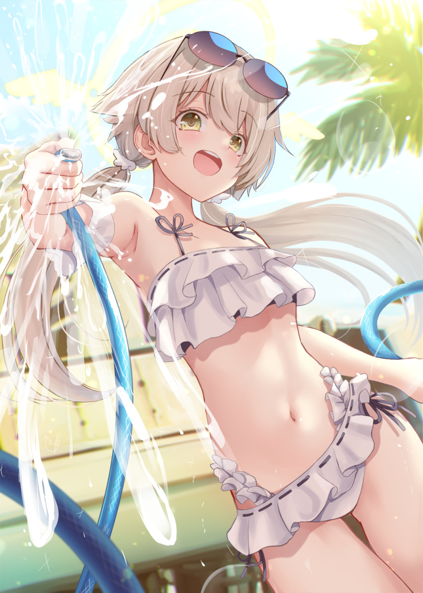 1girl :d bikini blue_archive commentary_request eyebrows_visible_through_hair eyewear_on_head flat_chest frilled_bikini frills hifumi_(blue_archive) highres long_hair looking_at_viewer low_twintails narushima_kanna navel open_mouth smile solo sunglasses swimsuit twintails water white_bikini white_hair yellow_eyes