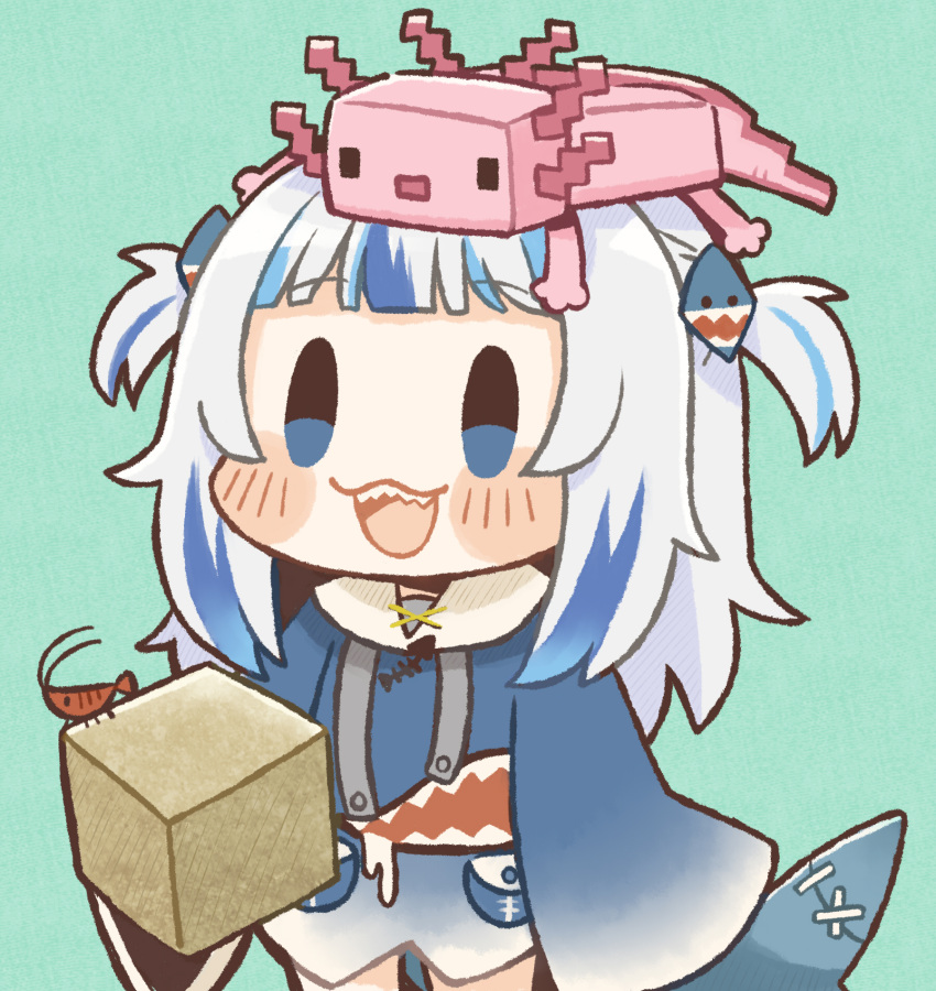 1girl :d animal_on_head aqua_background axolotl_(minecraft) bangs blue_eyes blue_hair blunt_bangs chibi commentary cube eyebrows_visible_through_hair fish_tail gawr_gura hair_ornament hairclip highres hololive hololive_english long_sleeves minecraft multicolored_hair on_head open_mouth same_anko shark_tail sharp_teeth shrimp simple_background smile solo streaked_hair symbol-only_commentary tail teeth two-tone_hair two_side_up virtual_youtuber white_hair wide_sleeves