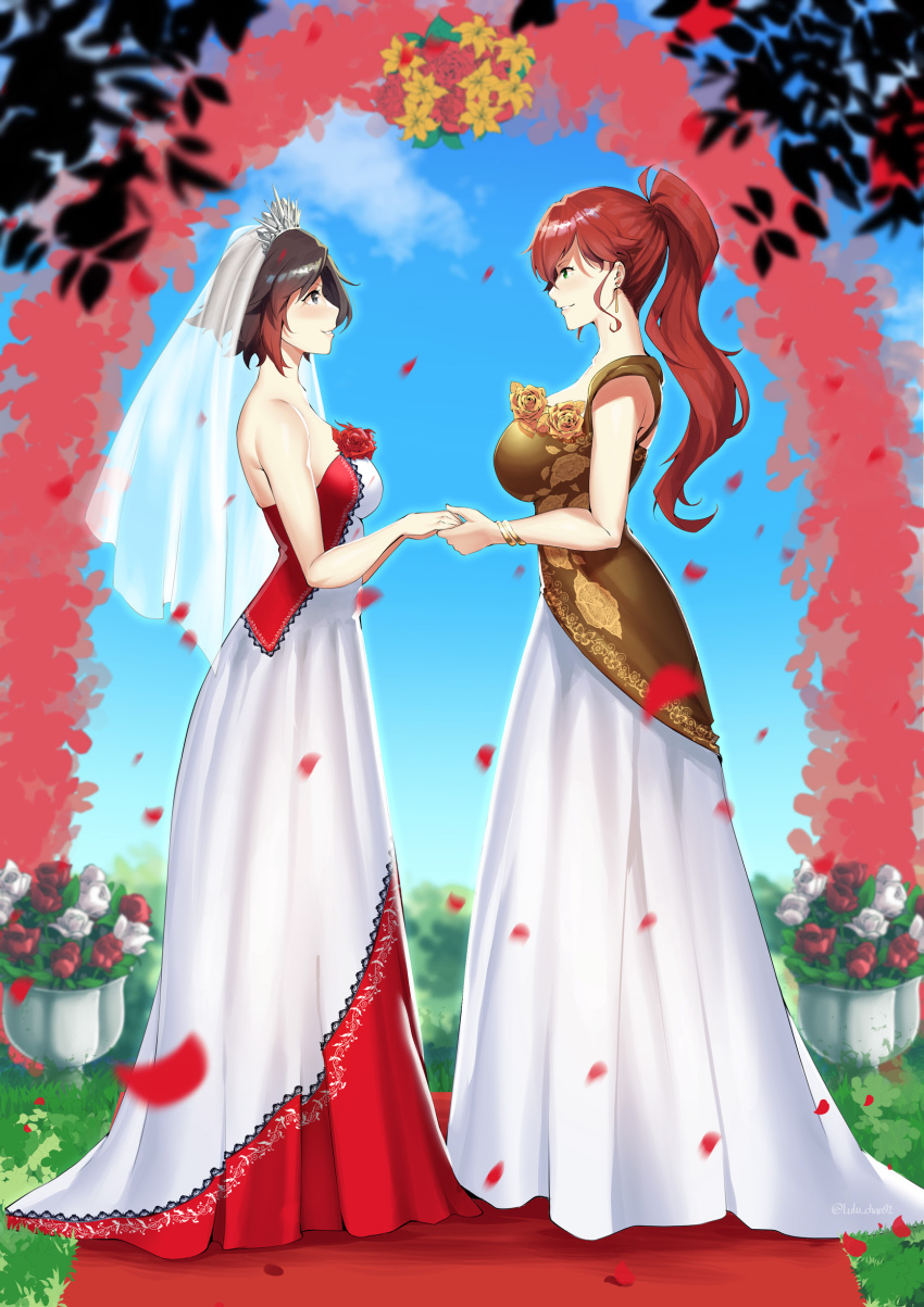 2girls absurdres black_hair bracelet breasts bridal_veil brown_eyes commission couple day diadem dress eye_contact flower from_side full_body gradient_hair green_eyes grin high_ponytail highres holding_hands jewelry large_breasts long_dress long_hair looking_at_another lulu-chan92 multicolored_hair multiple_girls outdoors petals pyrrha_nikos red_flower redhead rose ruby_rose rwby shiny shiny_hair short_hair sleeveless sleeveless_dress smile strapless strapless_dress veil wedding_dress white_dress white_flower wife_and_wife yuri