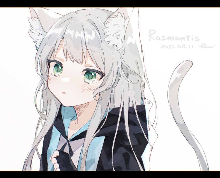 1girl animal_ear_fluff animal_ears arknights bangs blush cat_ears cat_girl cat_tail cloak dated eyebrows_visible_through_hair fingerless_gloves gloves green_eyes hood hood_down hooded_cloak long_hair nstlgie rosmontis_(arknights) silver_hair solo tail tongue tongue_out
