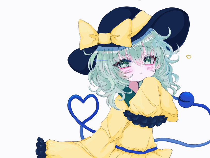 1girl bangs black_headwear bow closed_mouth eyebrows_visible_through_hair frilled_sleeves frills green_eyes green_hair hat hat_bow heart heart_of_string highres komeiji_koishi long_sleeves looking_at_viewer renakobonb shirt short_hair simple_background sleeves_past_fingers sleeves_past_wrists smile solo third_eye touhou upper_body white_background yellow_bow yellow_shirt