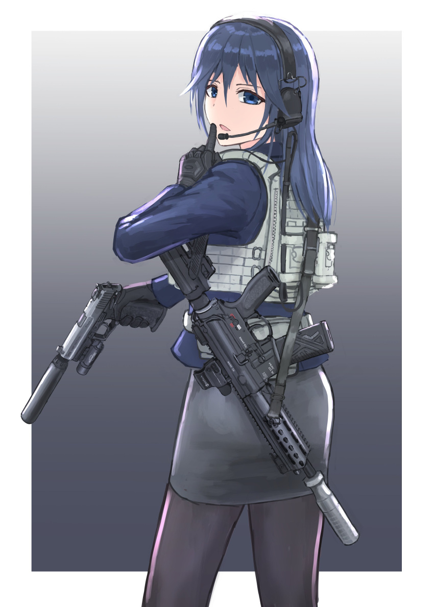 absurdres acog assault_rifle blue_eyes blue_hair bulletproof_vest d-sawa613 finger_to_mouth gloves gun handgun headset highres holding holding_gun holding_weapon laser_pointer long_hair looking_at_viewer looking_back original pantyhose rifle shushing skirt suppressor weapon weapon_request