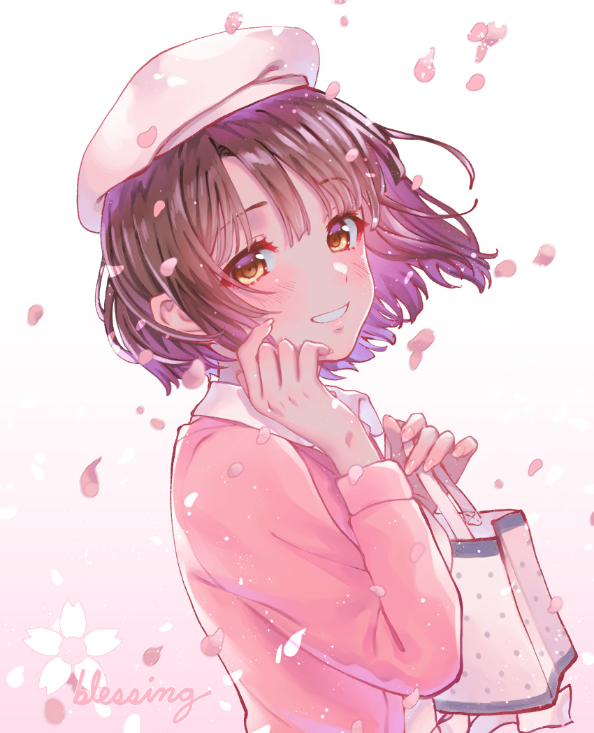 1girl absurdres bag bangs blush bomhat brown_eyes brown_hair collar commentary english_text falling_petals flower_(symbol) gradient gradient_background handbag hands_up highres katou_megumi light_particles long_sleeves looking_at_viewer looking_to_the_side parted_lips petals pink_background pink_sweater saenai_heroine_no_sodatekata short_hair smile solo sweater teeth upper_body white_background white_collar white_headwear