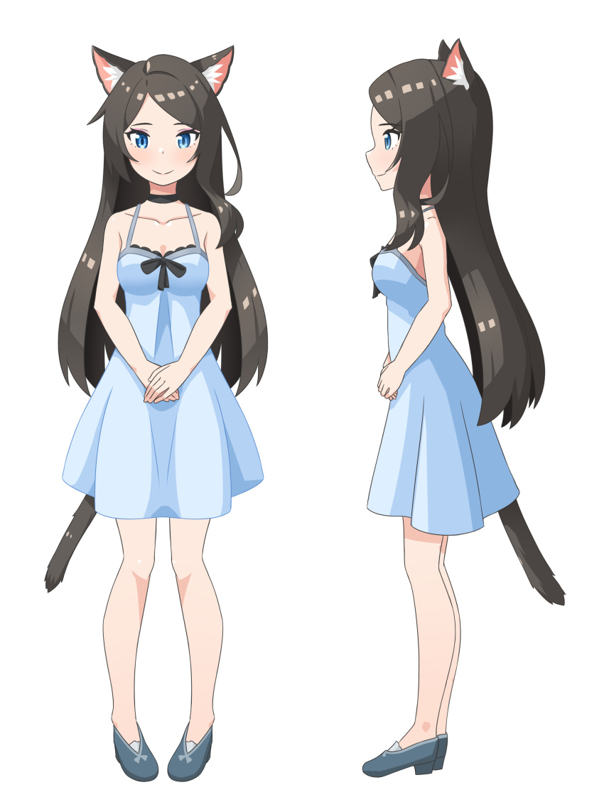 1girl :&gt; absurdres animal_ear_fluff animal_ears black_choker blue_dress blue_eyes blue_footwear blush brown_hair cat_ears cat_tail choker closed_mouth dress highres long_hair looking_at_viewer multiple_views nekoze_(s22834712) original pigeon-toed profile shoes simple_background smile tail tu_ya_(nekoze) v_arms white_background