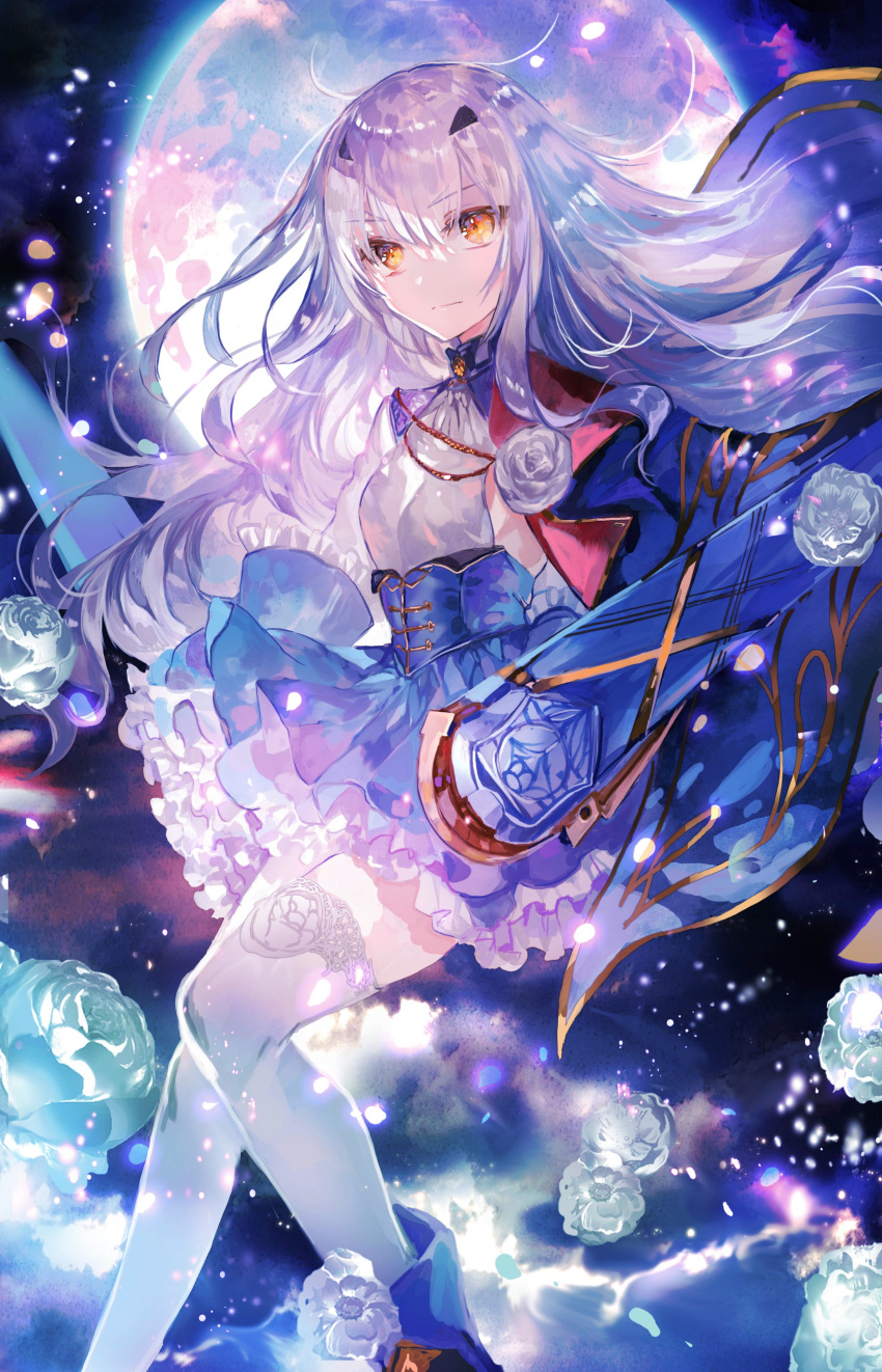 1girl absurdres ankle_boots bangs blue_cape blue_footwear blue_skirt boots breasts cape commentary eyebrows_visible_through_hair fairy_knight_lancelot_(fate) fate/grand_order fate_(series) frilled_skirt frills full_moon highres lace-trimmed_legwear lace_trim looking_at_viewer moon night night_sky petals rioka_(southern_blue_sky) silver_hair skirt sky small_breasts solo star_(sky) starry_sky thigh-highs white_legwear yellow_eyes