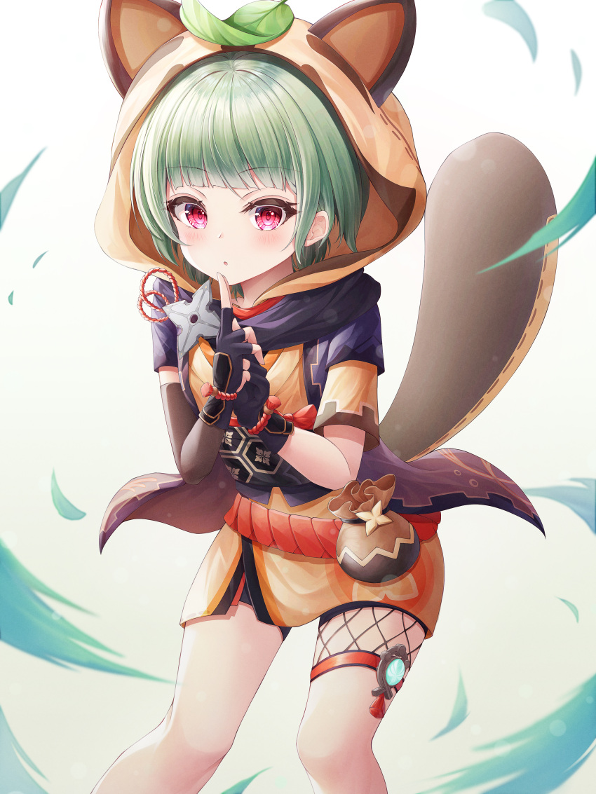 1girl absurdres animal_ears animal_hood bangs black_gloves blunt_bangs commentary_request eyebrows_visible_through_hair fake_animal_ears fingerless_gloves genshin_impact gloves green_hair hands_together highres hood ichizon japanese_clothes leaf leaf_on_head long_sleeves looking_at_viewer ninja pouch raccoon_ears raccoon_tail sayu_(genshin_impact) short_hair sidelocks simple_background solo tail violet_eyes vision_(genshin_impact) white_background