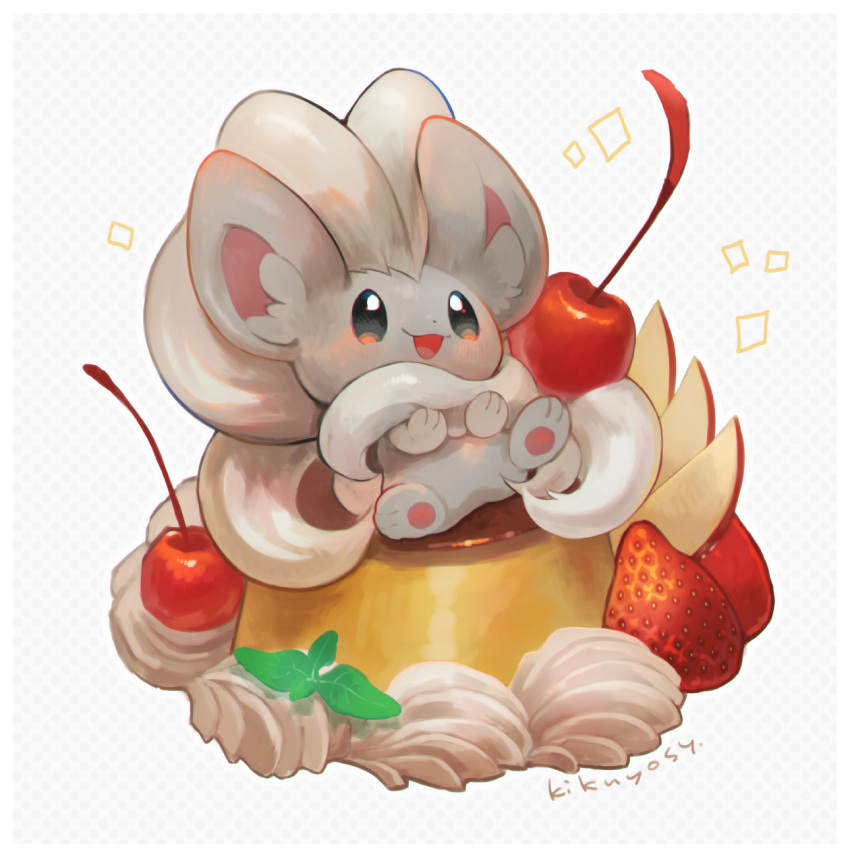 :d black_eyes blush cherry cinccino commentary_request food fruit gen_5_pokemon highres kikuyoshi_(tracco) leaf looking_up no_humans open_mouth pokemon pokemon_(creature) signature smile solo strawberry tongue