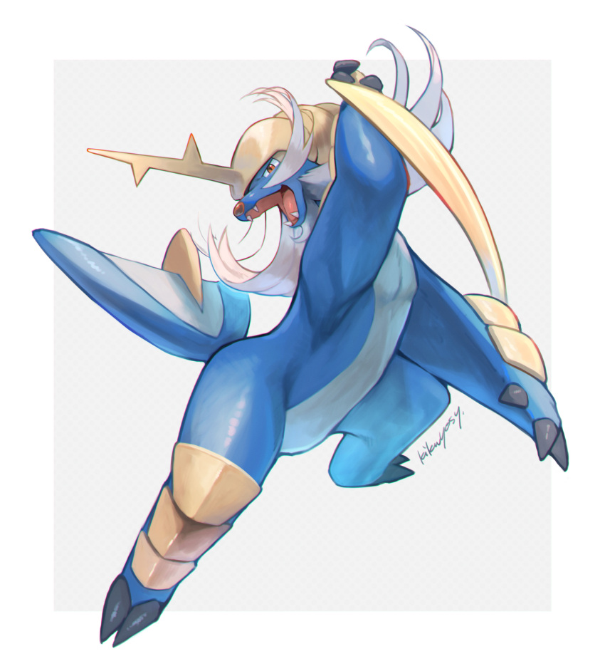 claws commentary_request fangs full_body gen_5_pokemon highres kikuyoshi_(tracco) looking_at_viewer no_humans open_mouth orange_eyes pokemon pokemon_(creature) samurott shiny signature solo tongue