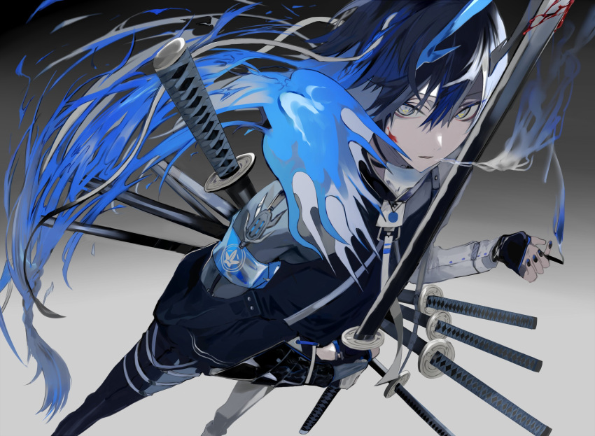 1boy armor bangs black_gloves black_jacket black_pants blood blood_on_face blood_on_weapon blue_hair feet_out_of_frame gloves gradient gradient_background grey_background grey_eyes hair_between_eyes highres holding holding_sword holding_weapon jacket japanese_armor katana kote kushiro_kuki long_sleeves looking_at_viewer male_focus open_mouth original pants scabbard sheath sheathed short_hair shoulder_armor smoke solo standing sword weapon