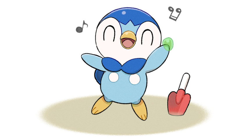 closed_eyes commentary_request full_body gen_4_pokemon holding musical_note no_humans official_art open_mouth piplup pokemon pokemon_(creature) prj_pochama solo standing toes tongue white_background