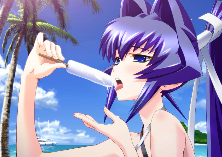 1girl bangs blue_eyes blue_sky bou criss-cross_halter eyebrows_visible_through_hair food game_cg hair_between_eyes hair_intakes hair_ribbon halterneck high_ponytail highres long_hair mitsurugi_meiya muvluv muvluv_altered_fable ocean official_art open_mouth palm_tree popsicle portrait purple_hair ribbon sexually_suggestive shiny shiny_hair sky sweatdrop tongue tongue_out tree white_ribbon